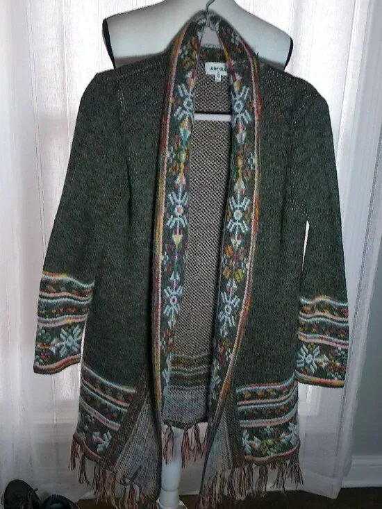 ADORA Long Sleeve Open Shawl Front Gray w/Multi Color Design Fringe Sweater S/M - Picture 1 of 10